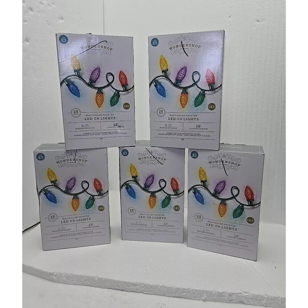 1 Lot of 5 Boxes Wondershop Item E3 25 Lights Per Box Multicolor Faceted LED C9
